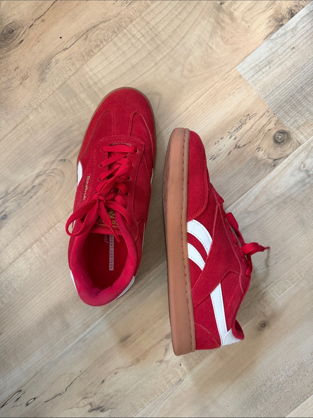 Reebok Women’s Red Suede Sneakers with White Stripes